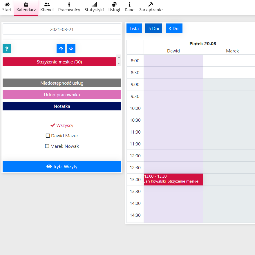 zrzut ekranu kalendarza z aplikacji Cerez
