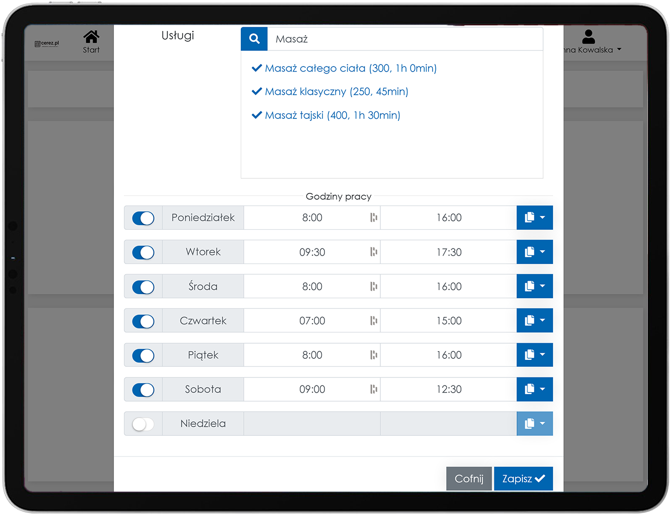 zrzut ekranu ustalania godzin pracy pracownika z aplikacji Cerez w ramce tabletu