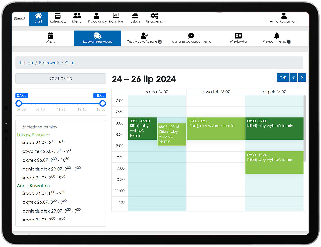 zrzut ekranu szybkiej rezerwacji z aplikacji Cerez w ramce tabletu