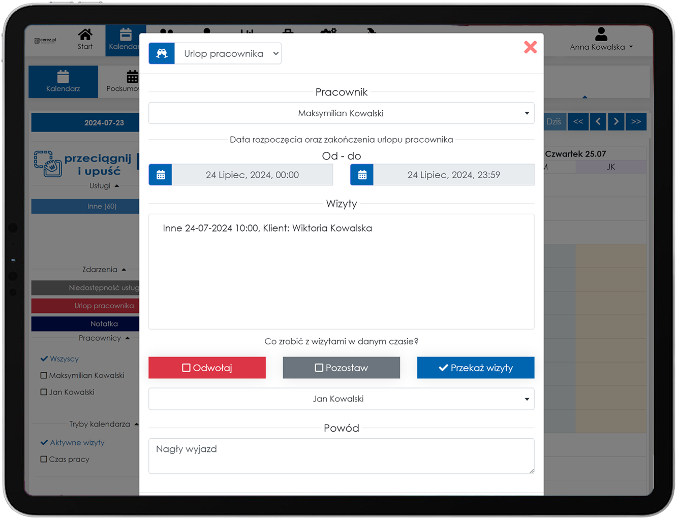 zrzut ekranu ustalania godzin pracy pracownika z aplikacji Cerez w ramce tabletu