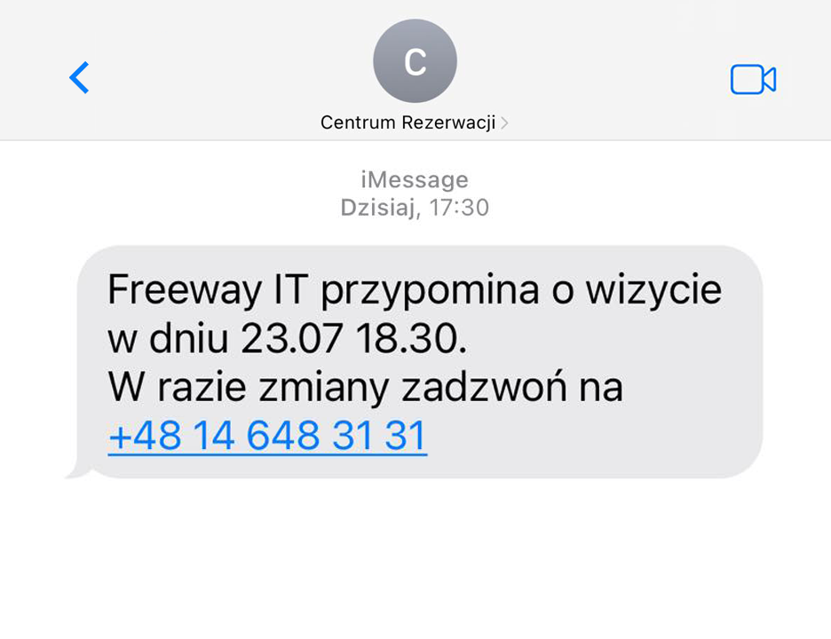 zrzut ekranu sms-a wysyłanego przez aplikacje Cerez