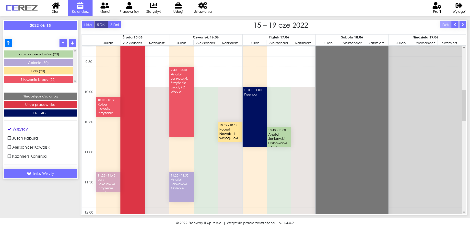 zrzut ekranu kalendarza w trybie wizyty z aplikacji Cerez