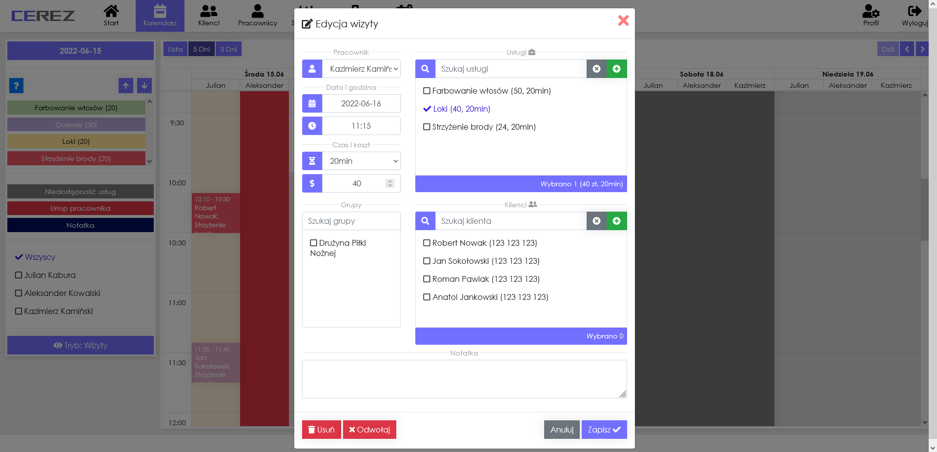zrzut ekranu edycji wizyty z aplikacji Cerez