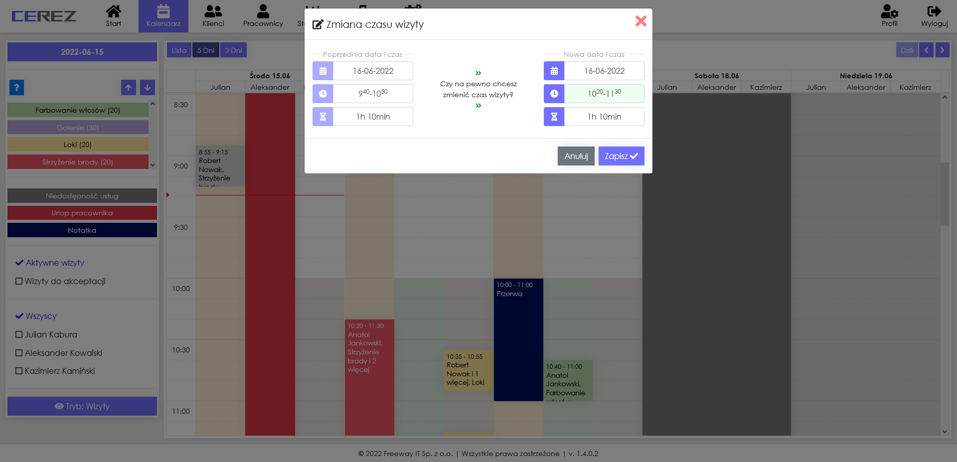 zrzut ekranu zmiany czasu wizyty z aplikacji Cerez