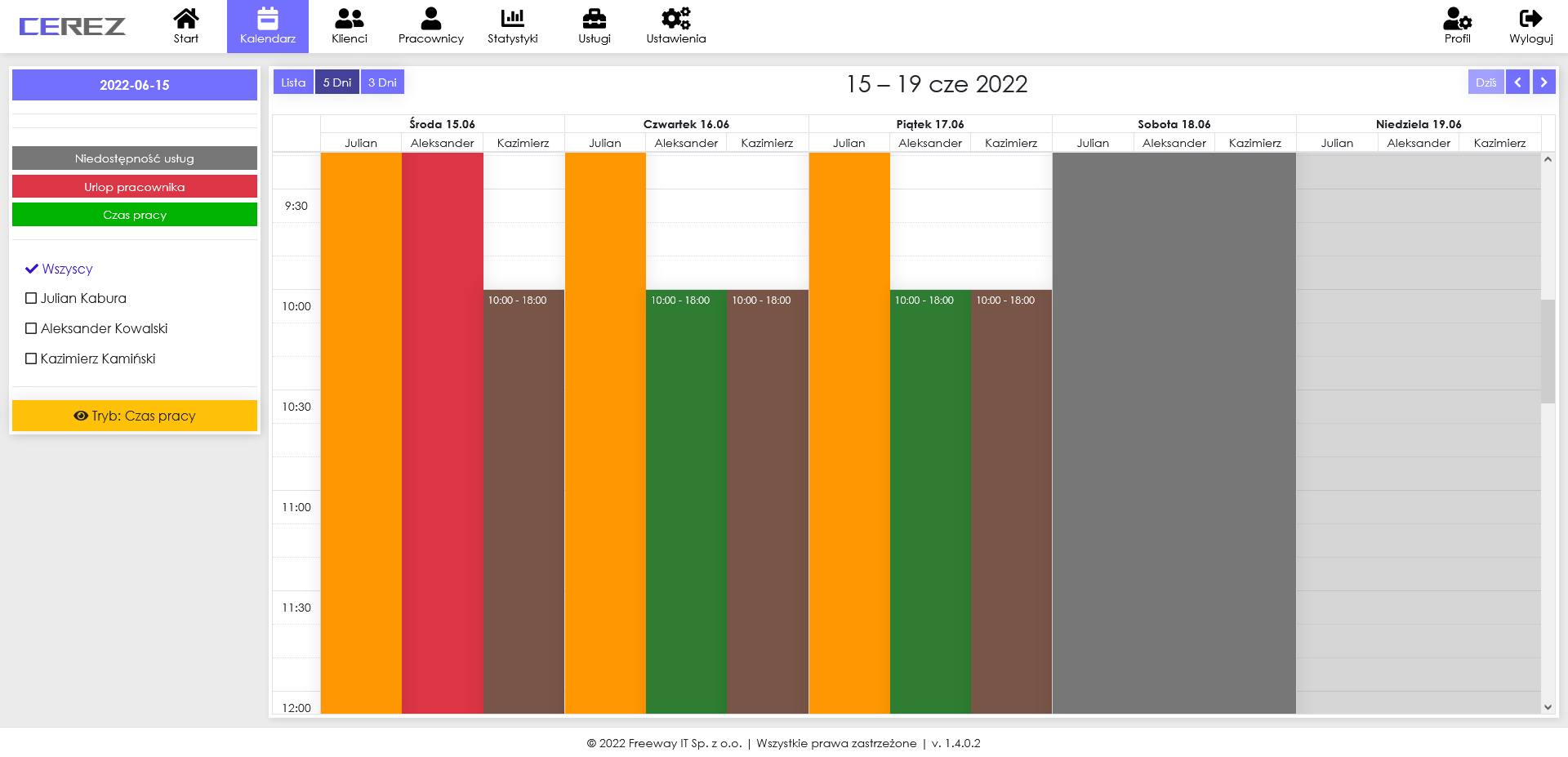 zrzut ekranu kalendarza w trybie czasu pracy z aplikacji Cerez