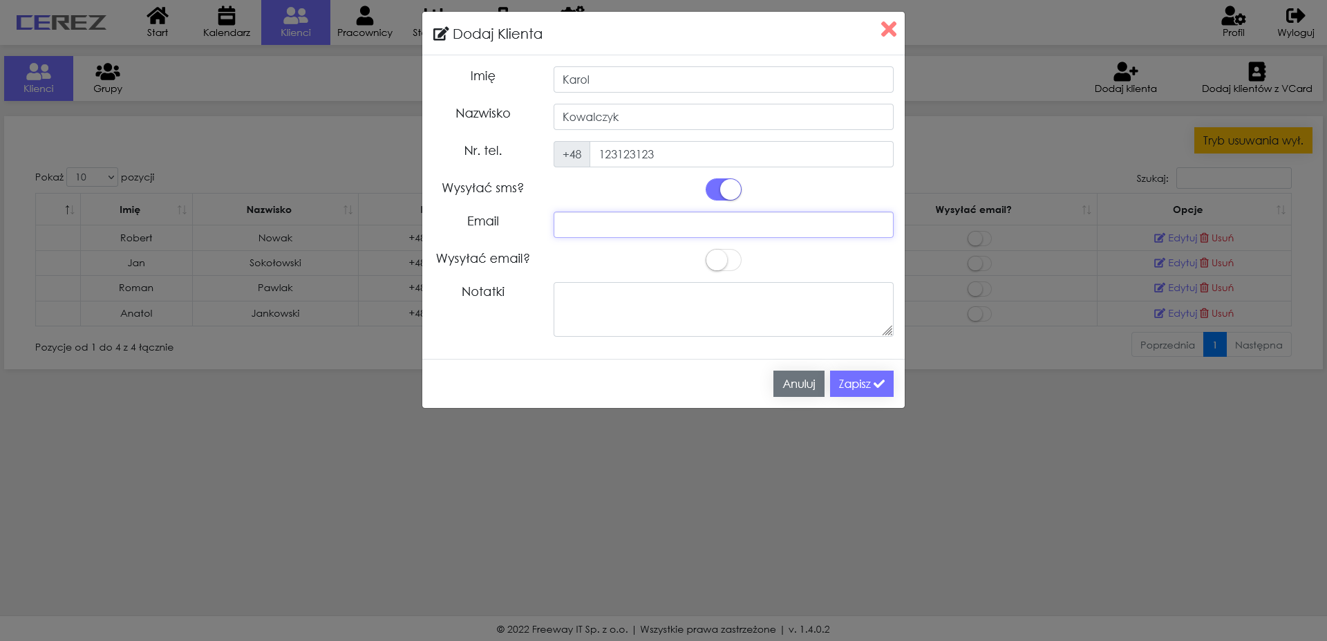 zrzut ekranu dodawania klienta z aplikacji Cerez