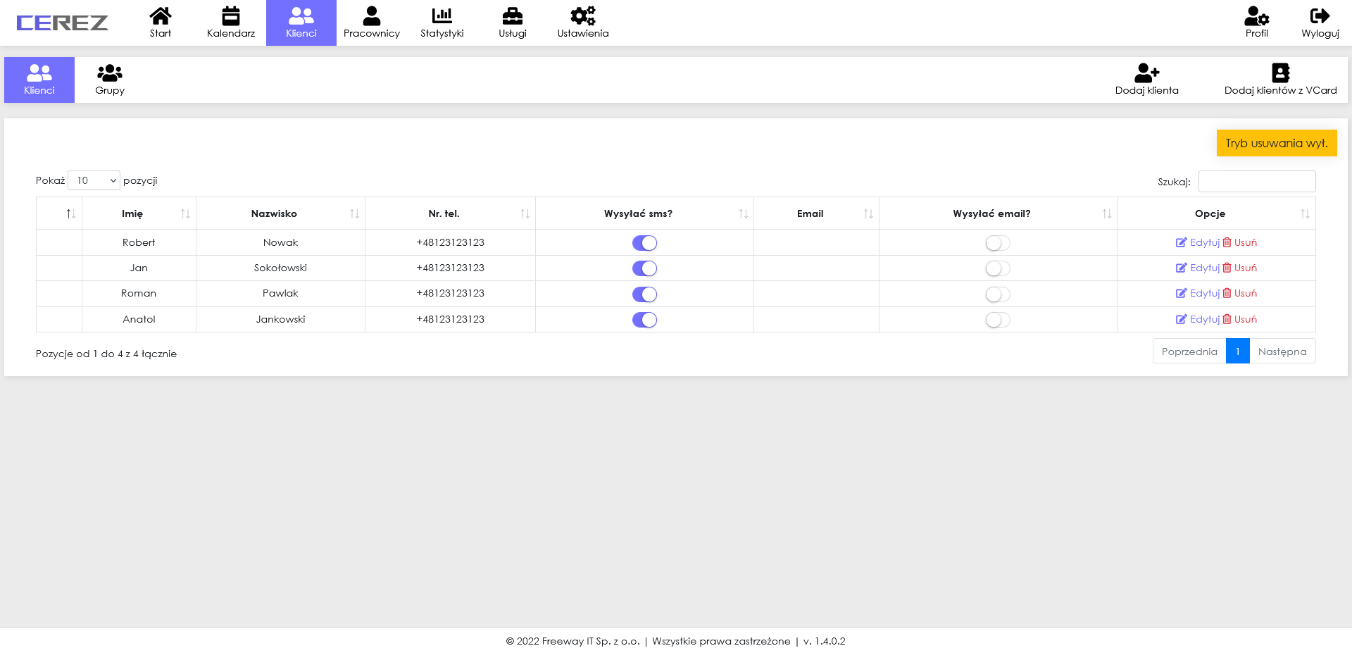 zrzut ekranu listy klientów z aplikacji Cerez