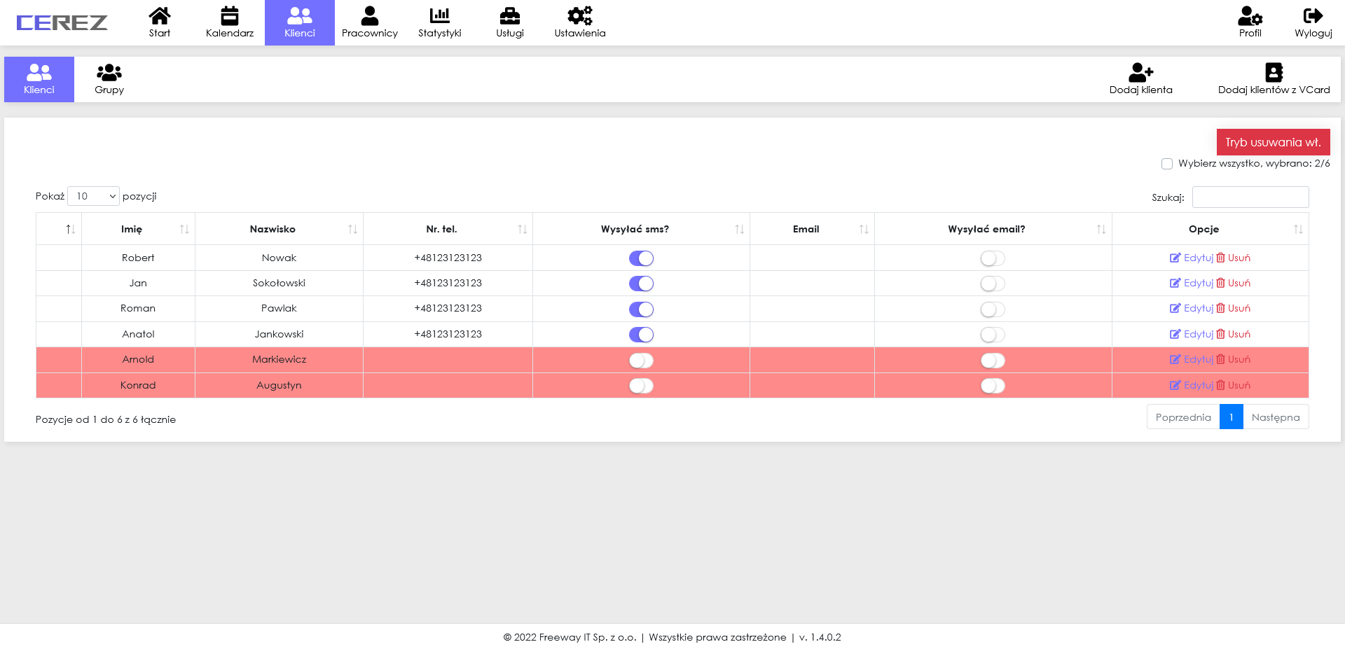 zrzut ekranu usuwania klientów z aplikacji Cerez