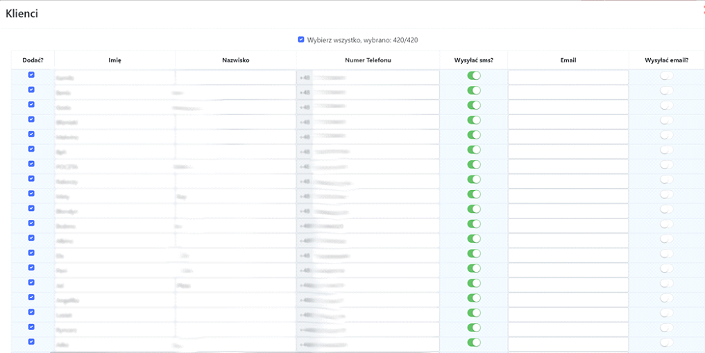 zrzut ekranu listy klientów VCard z aplikacji Cerez