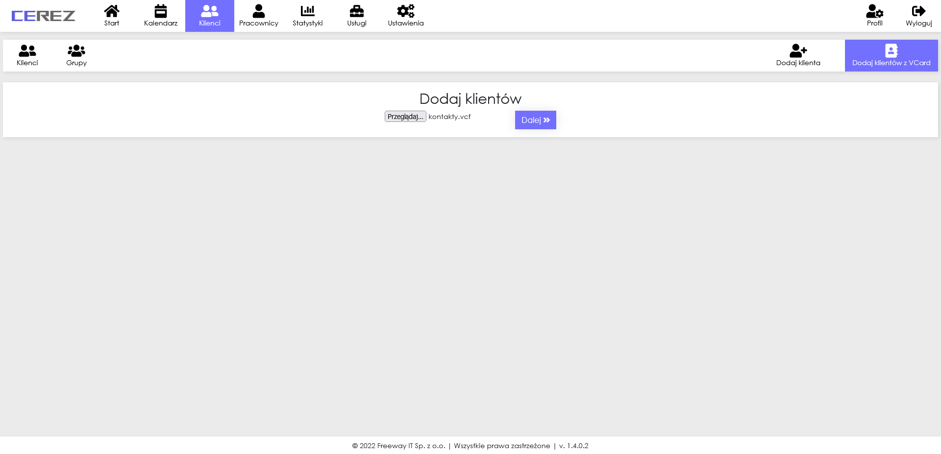 zrzut ekranu dodawania klienta VCard (z plikiem) z aplikacji Cerez