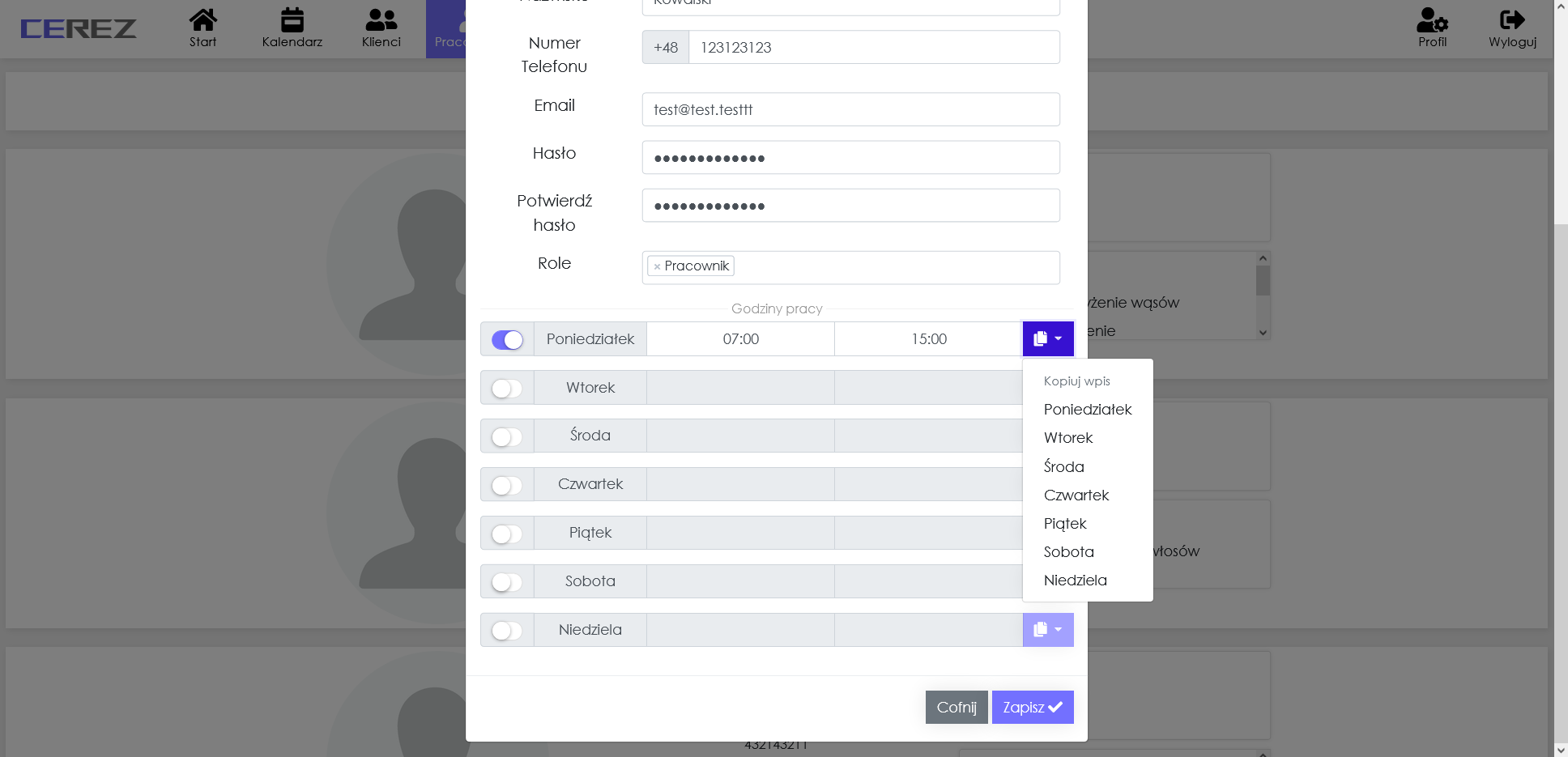 zrzut ekranu kopiowania godzin pracy pracownika z aplikacji Cerez