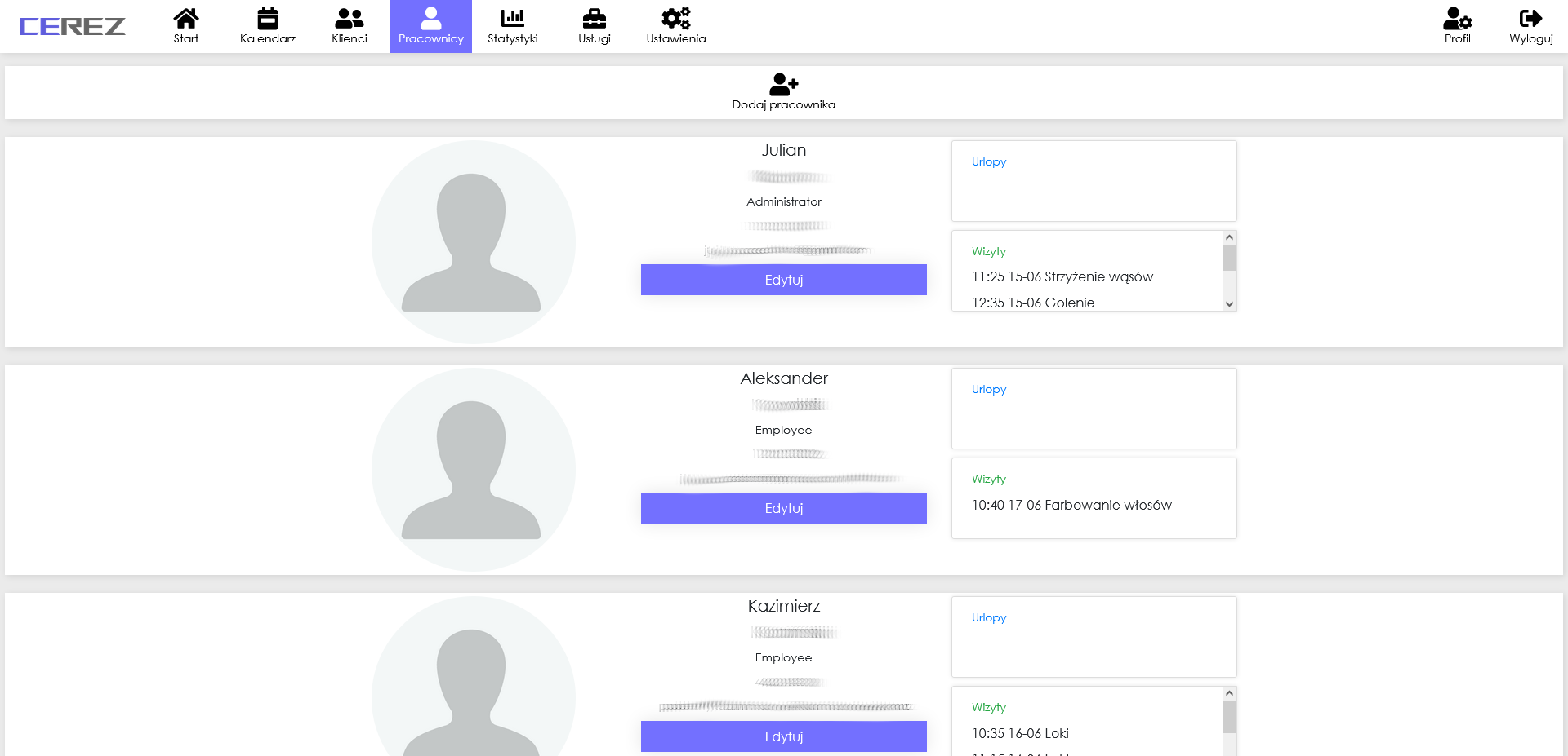 zrzut ekranu listy pracowników z aplikacji Cerez