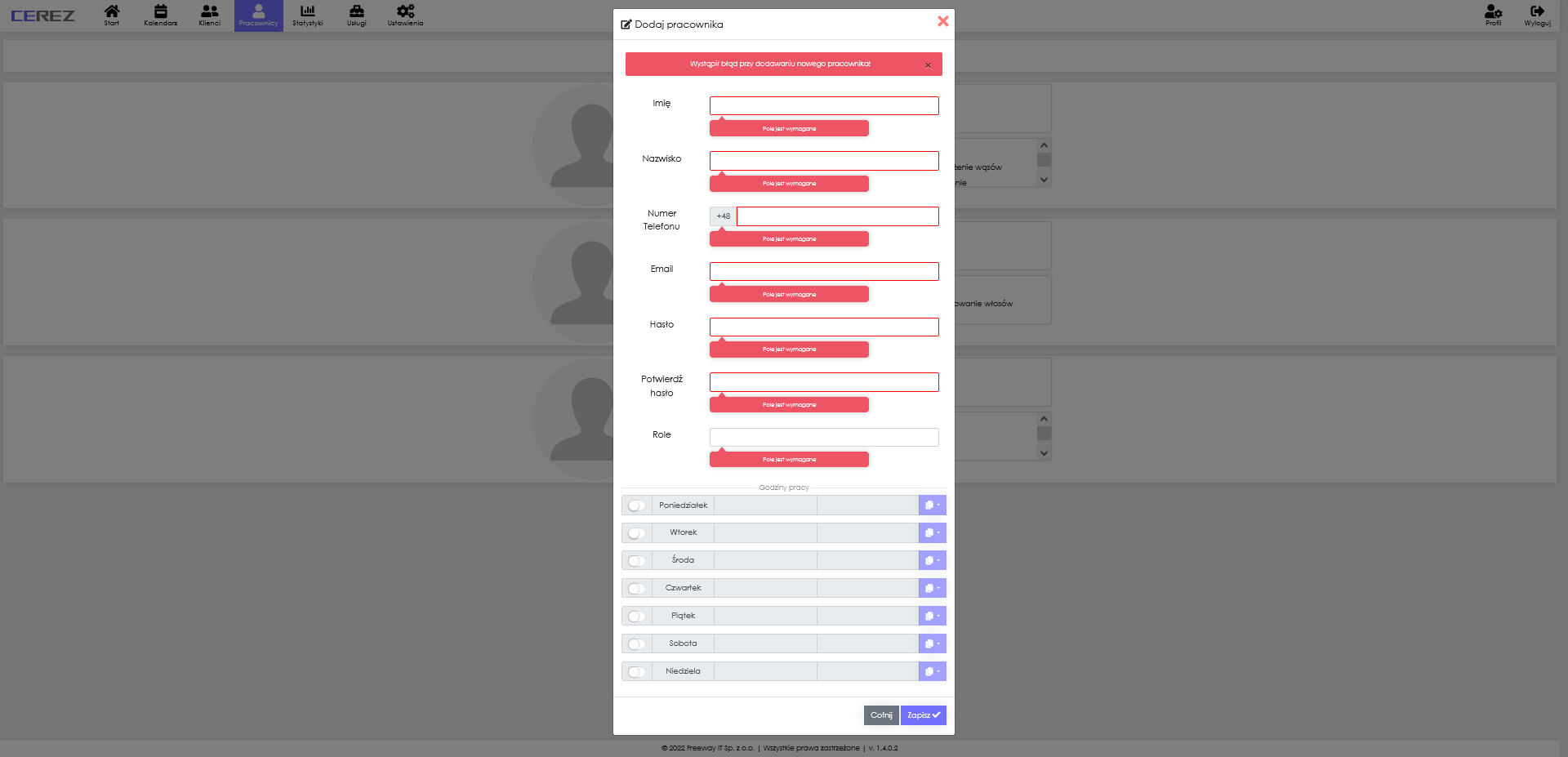 zrzut ekranu dodawania pracownika z aplikacji Cerez