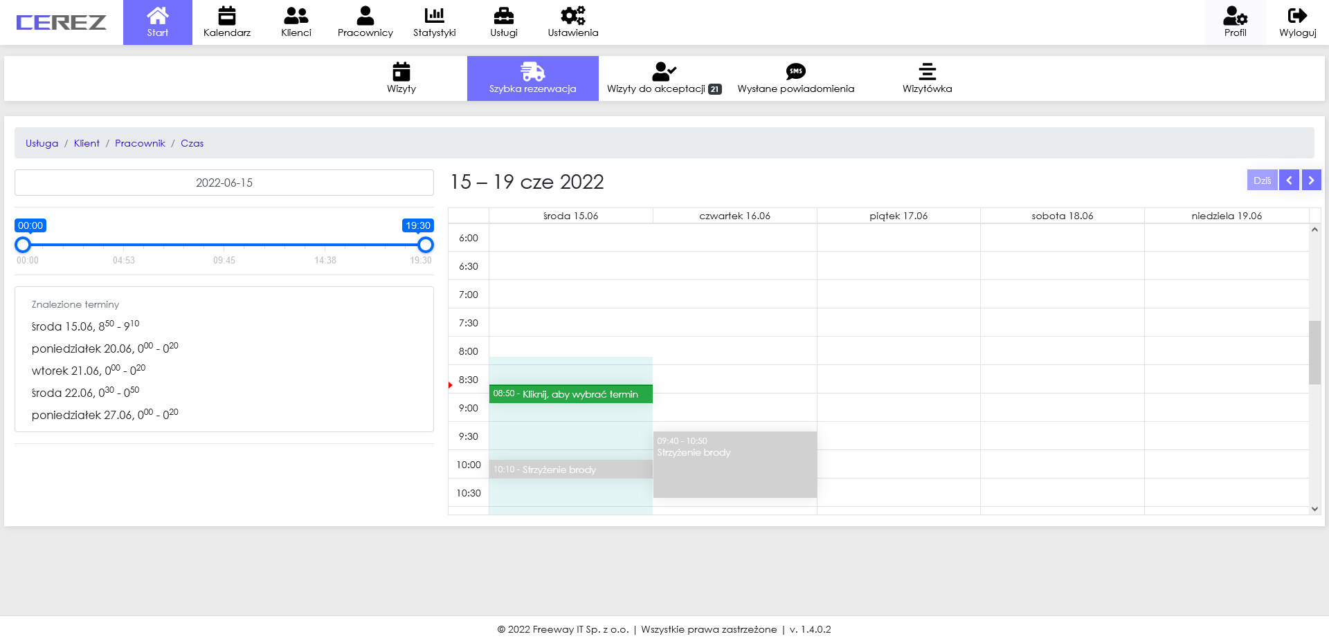 zrzut ekranu szybkiej rezrwacji (wybór daty) z aplikacji Cerez