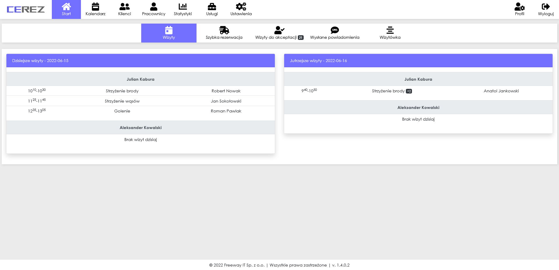 zrzut ekranu strony startowej z aplikacji Cerez