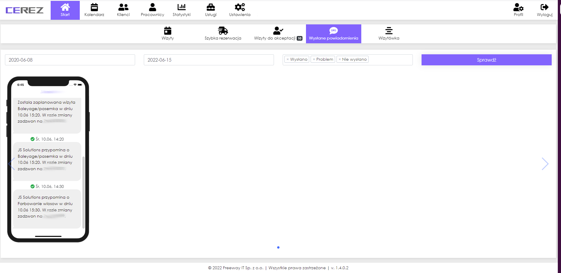 zrzut ekranu wysłanych powiadomień z aplikacji Cerez