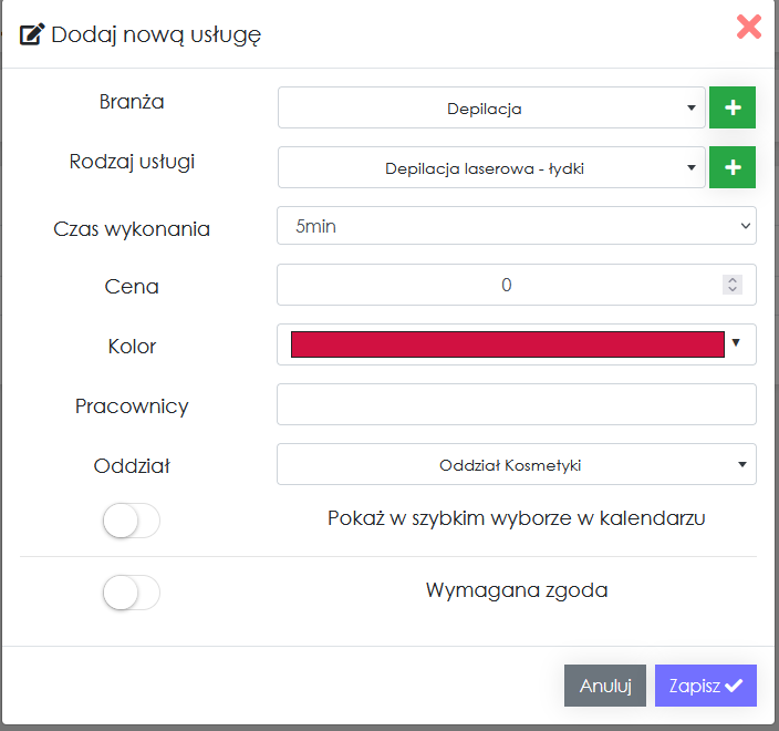 zrzut ekranu dodawania usługi z aplikacji Cerez