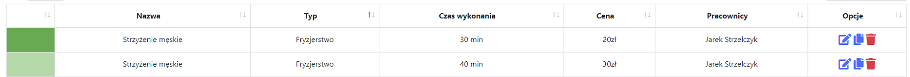 zrzut ekranu wariantów usług z aplikacji Cerez