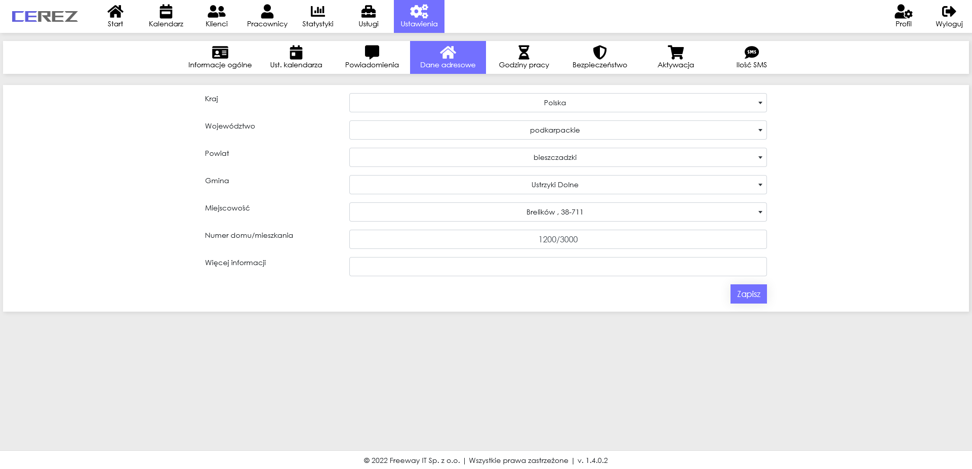 zrzut ekranu danych adresowych z aplikacji Cerez