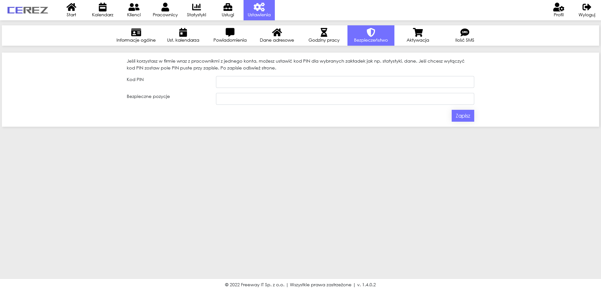zrzut ekranu danych bezpieczeństwa z aplikacji Cerez