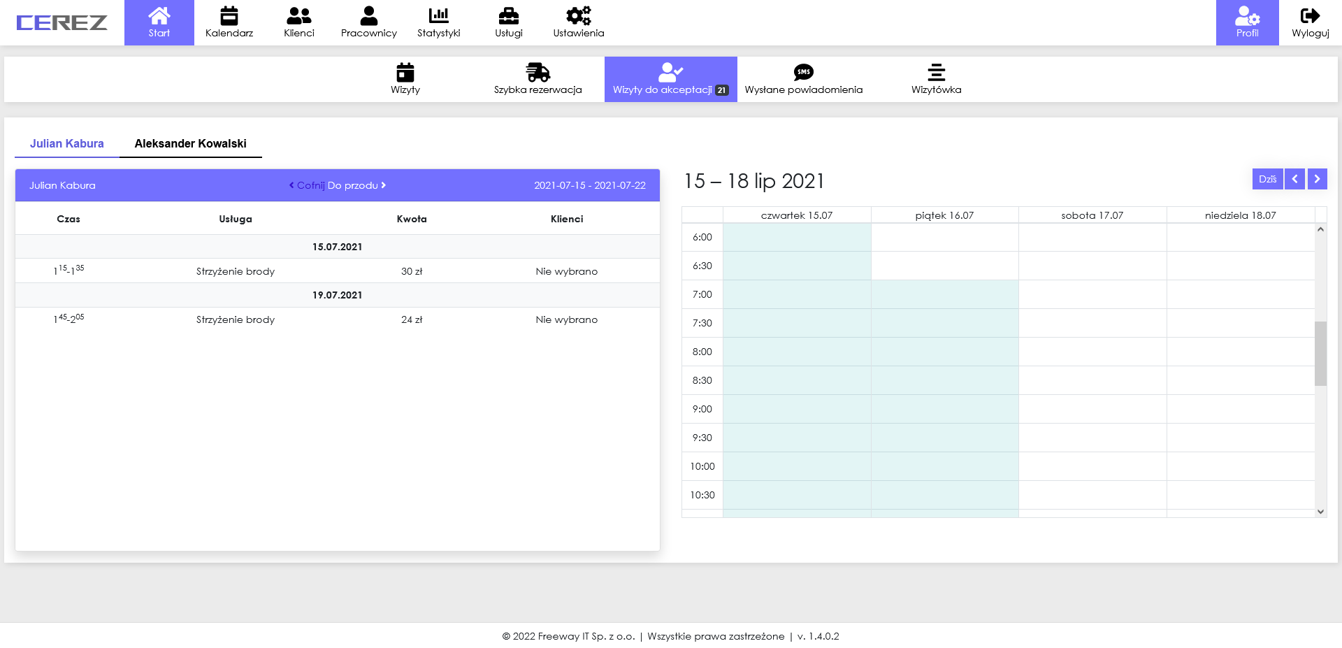 zrzut ekranu wizyt do akceptcji z aplikacji Cerez